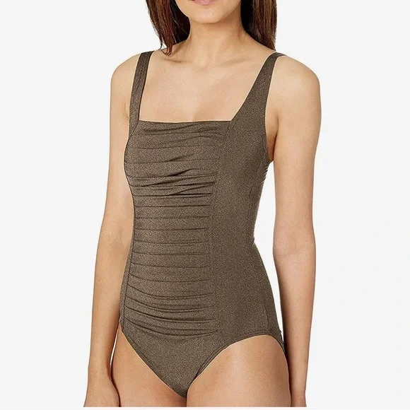 Calvin Klein Pleated One Piece Swimsuit, Bronze, 16 - Picture 9 of 10